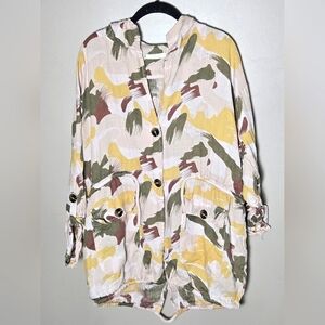 Baci Made In Italy 100% Linen Hooded Camo Safari Style Jacket, Large